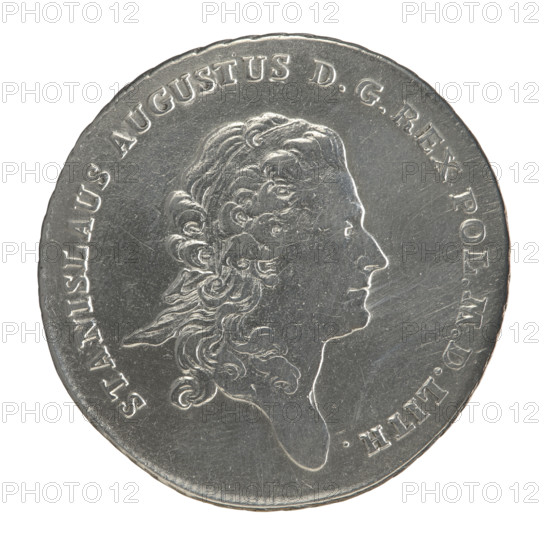 Crown thaler, Mitmaster of the Warsaw Mint Justyn Schröder (1768–1772); obverse: Head of Stanislaw August Poniatowski turned to the right, around the inscription divided at the bottom: STANISLAUS AUGUSTUS DG REX POL. M. D. LITH. — pearl border. Reverse: Under a crown, in a wreath entwined with a sash with the motto PRO FIDE - LEGE - ET - GREGE, a round five-field coat of arms with the coats of arms of Poland (Eagle), Lithuania (Pogon) and the Poniatowski coat of arms (Ciolek); below on the sash the Order of the White Eagle, on the sides the letters I. - S., around it a double-divided inscription: X EX MARCA PURA - COLONIEN. 1768. — pearl border; decorative edge. 1768. Polish–Lithuanian Commonwealth (1569–1795), Warsaw, Poland. Coin; diameter 39.4–40.6 mm; weight 27.83 g.