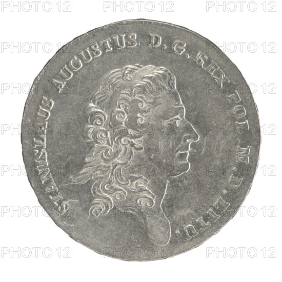 Crown thaler, Mitmaster of the Warsaw Mint Justyn Schröder (1768–1772); Stanislaw August Poniatowski (King of Poland; portrait subject; 1732–1798); Polish crown coin, 1770. Obverse: Head of Stanislaw August turned to the right, around the inscription divided at the bottom: STANISLAUS AUGUSTUS DG REX POL. M. D. LITU. — pearl border. Reverse: Under a crown, in a wreath entwined with a sash bearing the motto PRO FIDE - LEGE - ET - GREGE, a round five-field coat of arms with the coats of arms of Poland (Eagle), Lithuania (Pogon) and the Poniatowski coat of arms (Ciolek); on the sash the Order of the White Eagle; on the sides the letters I. - S.; around the inscription divided twice: X EX MARCA PURA - COLONIEN. 1770. Edge inscription: FIDEI - PUBLICAE - PIGNUS. Issued 1770, Polish–Lithuanian Commonwealth (1569–1795), struck in Warsaw, Poland. Coin: diameter 39.5–39.8 mm, weight 27.98 g.