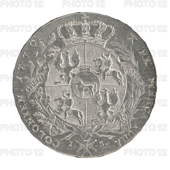 Crown thaler; maker: Justyn Schröder (Mintmaster of the Warsaw Mint 1768–1772); ruler: Stanislaw August Poniatowski (King of Poland; 1732–1798 / reign 1764–1795). Polish-Lithuanian Commonwealth, 1770, Warsaw, Poland. Silver coin (crown thaler), diameter ~39.5–39.8 mm, weight 27.98 g. WQXBCFS
I:\nmw crop ready cleaned\ WQXBCFS
I:\nmw crop ready cleaned\Obverse: Head of Stanislaw August turned to the right, around inscription divided at the bottom: STANISLAUS AUGUSTUS D G REX POL. M D LITU.; pearl border.   WQXBCFS
I:\nmw crop ready cleaned\Reverse: Under a crown, in a wreath entwined with a sash with the motto PRO FIDE - LEGE - ET - GREGE, a round five-field coat of arms with the coats of arms of Poland (Eagle), Lithuania (Pogon) and the Poniatowski coat of arms (Ciolek); below on the sash the Order of the White Eagle; on the sides the letters I. - S.; around inscription divided twice: X EX MARCA PURA - COLONIEN. 1770.   WQXBCFS
I:\nmw crop ready cleaned\Edge inscription: FIDEI - PU...