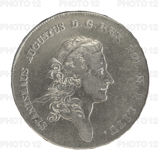 Crown thaler, struck 1770. Maker: Justyn Schröder (Mintmaster of the Warsaw Mint 1768–1772). Obverse: Head of Stanislaw August Poniatowski turned to the right; legend STANISLAUS AUGUSTUS DGREX POL.MDLITU.; opearled border. Reverse: Under a crown, a round five-field coat of arms with the coats of arms of Poland (Orzel), Lithuania (Pogon) and the Poniatowski coat of arms (Ciolek) within a wreath entwined with a sash bearing the motto PRO FIDE … GREG; Order of the White Eagle on the sash; letters I. — S. flanking; legend X EX MARCA PURA - COLONIEN. 1770.; opearled border. Edge inscription: FIDEI - PUBLICAE - PIGNUS. Date: 1770. Place: Warsaw, Polish–Lithuanian Commonwealth (1569–1795). Medium: silver coin. Diameter: ca. 39.8–40.2 mm. Weight: 27.94 g.