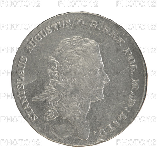 Crown thaler, Partenstein, Antoni (fl. 1772–1774), Stanislaw August Poniatowski (King of Poland; 1732–1798). Obverse: Head of Stanislaw August turned right, around inscription divided at bottom: STANISLAUS AUGUSTUS DGREX POL.MDLITU. — pearl border. Reverse: Under a crown, in a wreath entwined with a sash with the motto O FIDE - LEGE - ET - GREG, a round five-field coat of arms with the coats of arms of Poland (Orzel), Lithuania (Pogon) and the Poniatowski coat of arms (Ciolek); below on the sash the Order of the White Eagle; on the sides the letters A. - P.; around inscription divided twice: X EX MARCA PURA - COLONIEN. 1772. — pearl border. Inscription on edge: FIDEI - PUBLI, AE - PIGNUS. Date: 1772. Place: Polish–Lithuanian Commonwealth (1569–1795), Warsaw, Poland. Object: silver coin (crown thaler); diameter c. 39.3–40.0 mm; weight 27.99 g.