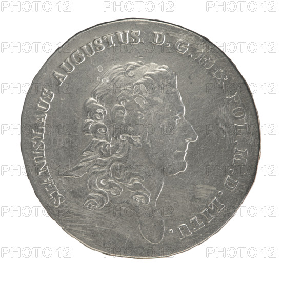 Crown thaler, Partenstein, Antoni (fl. 1772–1774), Stanislaw August Poniatowski (King of Poland; 1732–1798), Polish coin, Crown coin. Obverse: Head of Stanislaw August turned right, around the inscription divided at the bottom: STANISLAUS AUGUSTUS DG REX POL. M. D. LITU. Reverse: Under a crown, in a wreath entwined with a sash with the motto PRO FIDE - LEGE - ET - GREGE, a round five-field coat of arms with the coats of arms of Poland (Eagle), Lithuania (Pogon) and the Poniatowski coat of arms (Ciolek); below on the sash the Order of the White Eagle; on the sides the letters A. - P.; around the inscription divided twice: X EX MARCA PURA - COLONIEN. 1772. Edge inscription: FIDEI - PUBLICA - PIGNUS. Date: 1772. Place: Warsaw, Poland, Polish–Lithuanian Commonwealth (1569–1795). Coin: diameter 39.3–40.0 mm, weight 27.77 g.