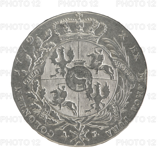 Crown thaler, Partenstein, Antoni (fl. 1772-1774), Stanislaw August Poniatowski (King of Poland; 1732–1798), Polish coin; obverse: head of Stanislaw August turned right, around inscription divided at bottom: STANISLAUS AUGUSTUS D G REX POL M D LITU; reverse: under a crown, in a wreath entwined with a sash with the motto PRO FIDE - LEGE - ET - GREGE, a round five-field coat of arms with the coats of arms of Poland (Eagle), Lithuania (Pogon) and the Poniatowski coat of arms (Ciolek), below on the sash the Order of the White Eagle, on the sides the letters A. - P., around inscription divided twice: X EX MARCA PURA - COLONIEN. 1772; edge inscription: FIDEI - PUBLICA - PIGNUS, 1772. Polish–Lithuanian Commonwealth (1569–1795). Warsaw, Poland. Coin: dia. 39.3–40.0 mm; weight 27.77 g.