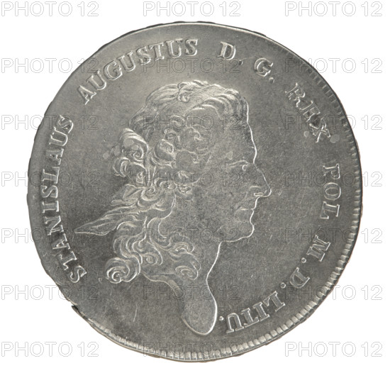 Crown thaler, Partenstein, Antoni (fl. 1772–1774), Stanislaw August Poniatowski (King of Poland; 1732–1798), Polish coin, Crown coin. Obverse: Head of Stanislaw August turned right, around the inscription divided at the bottom: STANISLAUS AUGUSTUS DG REX POL. MDLITU. — pearl border. Reverse: Under the crown, in a wreath entwined with a sash with the motto PRO FIDE - LEGE - ET - GREG, a round five-field coat of arms with the coats of arms of Poland (Orzel), Lithuania (Pogon) and the Poniatowski coat of arms (Ciolek); below on the sash the Order of the White Eagle; on the sides the letters I. - S.; around a double-divided inscription: X EX MARCA PURA - COLONIEN. 1772. — pearl border. Inscription on edge: FIDEI - PUBLIC, E- PIGNUS - . Date: 1772. Place: Polish–Lithuanian Commonwealth (1569–1795), Warsaw, Poland. Coin: diameter 40.0–40.5 mm, weight 27.97 g.