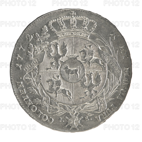 Crown thaler, Partenstein, Antoni (fl. 1772–1774), Stanislaw August Poniatowski (King of Poland; 1732–1798), Polish coin, crown coin. Obverse: Head of Stanislaw August turned right, around the inscription divided at the bottom: STANISLAUS AUGUSTUS DGREX POL.MDLITU. — pearl border. Reverse: Under the crown, in a wreath entwined with a sash with the motto PRO FIDE - LEGE - ET - GREG, a round five-field coat of arms with the coats of arms of Poland (Orzel), Lithuania (Pogon) and the Poniatowski coat of arms (Ciolek); below on the sash the Order of the White Eagle, on the sides the letters I. - S., around a double-divided inscription: X EX MARCA PURA - COLONIEN. 1772. — pearl border. Inscription on the edge: FIDEI - PUBLIC, E- PIGNUS - , 1772. Polish–Lithuanian Commonwealth (1569–1795), Warsaw, Poland. Coin: diameter 40.0–40.5 mm; weight 27.97 g.