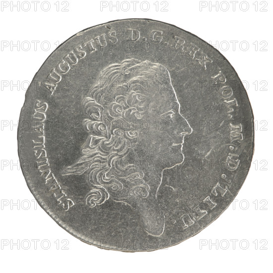 Crown thaler, Partenstein, Antoni (fl. 1772–1774), Stanislaw August Poniatowski (King of Poland; 1732–1798). Obv.: Head of Stanislaw August turned right, around the inscription divided at the bottom: STANISLAUS AUGUSTUS DG REX POL. M. D. LITU. — pearl border. Reverse: Under a crown, in a wreath entwined with a sash with the motto PRO FIDE — LEGE —, T — GREG, a round five-field coat of arms with the coats of arms of Poland (Orzel), Lithuania (Pogon) and the Poniatowski coat of arms (Ciolek); below on the sash the Order of the White Eagle; on the sides the letters A. — P.; around the inscription divided twice: X EX MARCA PURA — COLONIEN. 1773. — pearl border. Inscription on the edge: FIDEI — PUBLICAE — PIGNU. Date: 1773. Materials/format: coin (crown thaler), Polish–Lithuanian Commonwealth (1569–1795). Diameter: 39.7–40.4 mm. Weight: 27.95 g.