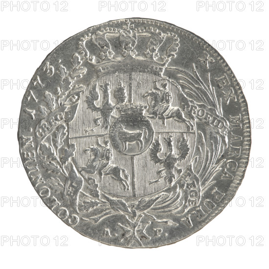 Crown thaler, Partenstein, Antoni (fl. 1772–1774); Stanislaw August Poniatowski (King of Poland ; 1732–1798). Obv.: Head of Stanislaw August turned right, around the inscription divided at the bottom: STANISLAUS AUGUSTUS DGREX POL.MDLITU. — pearl border. Reverse: Under the crown, in a wreath entwined with a sash with the motto PRO FIDE - LEGE -, T - GREG, a round five-field coat of arms with the coats of arms of Poland (Orzel), Lithuania (Pogon) and the Poniatowski coat of arms (Ciolek); below on the sash the Order of the White Eagle; on the sides the letters A. - P.; around the inscription divided twice: X EX MARCA PURA - COLONIEN. 1773. — pearl border. Inscription on the edge: FIDEI - PUBLICAE - PIGNU. 1773. Polish–Lithuanian Commonwealth (1569–1795); Warsaw, Poland. Coin; diameter 39.7–40.4 mm; weight 27.95 g.