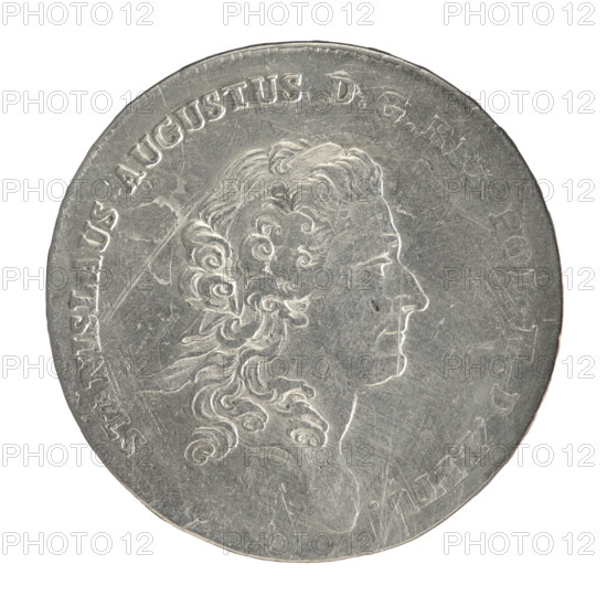 Crown thaler, Partenstein, Antoni (fl. 1772–1774); Stanislaw August Poniatowski (King of Poland; 1732–1798) — obverse: head of Stanislaw August turned right, around the inscription divided at the bottom: STANISLAUS AUGUSTUS DGR, POL.MDLIT, . — pearl border. Reverse: under a crown, in a wreath entwined with a sash with the motto PRO, IDE -, GE - ET -, RE, a round five-field coat of arms with the coats of arms of Poland (Orzel), Lithuania (Pogon) and the Poniatowski coat of arms (Ciolek); below on the sash the Order of the White Eagle; on the sides the letters A. - P.; around the inscription divided twice: X EX MARCA PURA - COLONIEN, 17, . — pearl border. Inscription on the edge: FIDEI - PUBLICAE - PIGNUS - , 1774. Polish–Lithuanian Commonwealth (1569–1795), Warsaw, Poland. Coin; diameter 39.7–40.0 mm; weight 27.97 g.