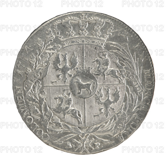 Crown thaler, Partenstein, Antoni (fl. 1772-1774), Stanislaw August Poniatowski (King of Poland; 1732-1798), Polish coin, Crown coin. Obverse: Head of Stanislaw August turned right, around inscription divided at bottom: STANISLAUS AUGUSTUS DGR, POL.MDLIT; pearl border. Reverse: Under a crown, in a wreath entwined with a sash with the motto PRO, IDE -, GE - ET -, RE, a round five-field coat of arms with the coats of arms of Poland (Orzel), Lithuania (Pogon) and the Poniatowski coat of arms (Ciolek); below on the sash the Order of the White Eagle; on the sides the letters A. - P.; around inscription divided twice: X EX MARCA PURA - COLONIEN, 17, .; pearl border. Inscription on edge: FIDEI - PUBLICAE - PIGNUS - , 1774. Polish–Lithuanian Commonwealth (1569–1795), Warsaw, Poland. Coin diameter: 39.7–40.0 mm; weight: 27.97 g.