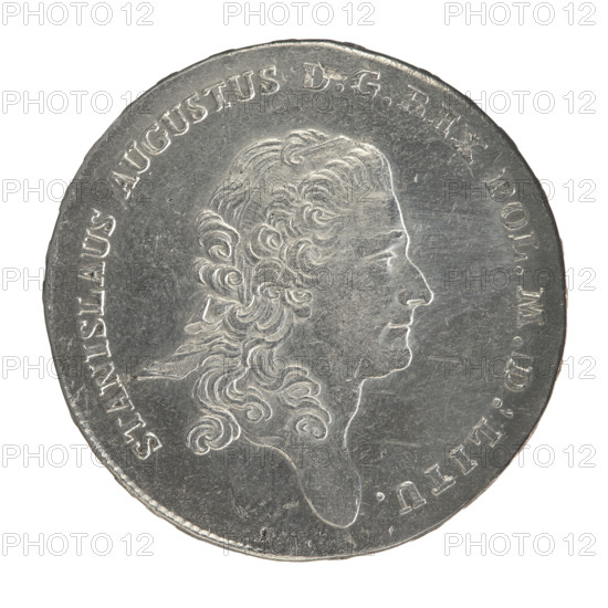 Crown thaler, Partenstein, Antoni (fl. 1772–1774); Stanislaw August Poniatowski (King of Poland; 1732–1798). Obverse: Head of Stanislaw August turned right, around the inscription divided at the bottom: STANISLAUS AUGUSTUS .G.REX POL.MDLITU. — pearl border. Reverse: Under a crown, in a wreath entwined with a sash with the motto PRO FIDE - LEGE - ET - GREGE, a round five-field coat of arms with the coats of arms of Poland (Orzel), Lithuania (Pogon) and the Poniatowski coat of arms (Ciolek); below on the sash the Order of the White Eagle; on the sides the letters A. - P.; around the inscription divided twice: X EX MARCA PURA - COLONIEN. 1774. — pearl border. Inscription on the edge: FIDEI - PUBLICAE - PIGNU. Date: 1774. Place: Warsaw, Polish–Lithuanian Commonwealth (1569–1795). Medium: silver coin. Diameter: ~39.8–40.0 mm. Weight: 28.12 g.
