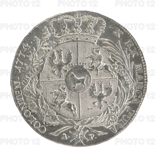 Crown thaler, Partenstein, Antoni (fl. 1772–1774); Stanislaw August Poniatowski (King of Poland, 1732–1798) — obverse: Head of Stanislaw August turned right, around the inscription divided at the bottom: STANISLAUS AUGUSTUS .G.REX POL.MDLITU. — pearl border. Reverse: Under the crown, in a wreath entwined with a sash with the motto PRO FIDE - LEGE - ET - GREGE, a round five-field coat of arms with the coats of arms of Poland (Orzel), Lithuania (Pogon) and the Poniatowski coat of arms (Ciolek); below on the sash the Order of the White Eagle; on the sides the letters A. - P.; around the inscription divided twice: X EX MARCA PURA - COLONIEN. 1774. — pearl border. Inscription on the edge: FIDEI - PUBLICAE - PIGNU. 1774. Polish–Lithuanian Commonwealth (1569–1795), Warsaw, Poland. Coin: diameter ~39.8–40.0 mm; weight 28.12 g.