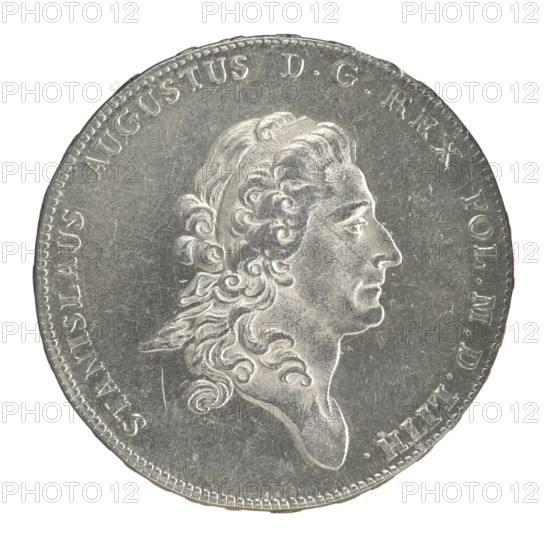 Crown thaler, Brenn, Efraim (fl. 1774–1792); Stanislaw August Poniatowski (King of Poland; 1732–1798). Obverse: Head of Stanislaw August turned right, around the inscription divided at the bottom: STANISLAUS AUGUSTUS DGREX POL.MDLITH. — pearl border. Reverse: Under a crown, in a wreath entwined with a sash with the motto PRO FIDE - LEGE - ET - GREGE, a round five-field coat of arms with the coats of arms of Poland (Orzel), Lithuania (Pogon) and the Poniatowski coat of arms (Ciolek); below on the sash the Order of the White Eagle; on the sides the letters E. - B.; around the inscription divided twice: X EX MARCA PURA - COLONIEN. 1775. — pearl border. Inscription on the edge: FIDEI - PUBLICAE - PIGNUS. Date: 1775. Place: Polish–Lithuanian Commonwealth (Warsaw, Poland). Medium/function: coin (crown thaler). Diameter: 40.1–40.3 mm. Weight: 28.04 g.