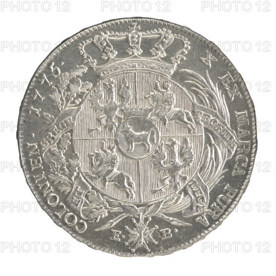 Crown thaler by Efraim Brenn (fl. 1774–1792), 1775. Obverse: Head of Stanislaw August Poniatowski turned right, around the inscription divided at the bottom: STANISLAUS AUGUSTUS DGREX POL.MDLITH. — pearl border. Reverse: Under a crown, in a wreath entwined with a sash bearing the motto PRO FIDE - LEGE - ET - GREGE, a round five-field coat of arms with the coats of arms of Poland (Orzel), Lithuania (Pogon) and the Poniatowski coat of arms (Ciolek); below on the sash the Order of the White Eagle; on the sides the letters E. - B.; around the inscription divided twice: X EX MARCA PURA - COLONIEN. 1775. — pearl border. Inscription on the edge: FIDEI - PUBLICAE - PIGNUS. Polish–Lithuanian Commonwealth (1569–1795), Warsaw, Poland. Coin; diameters 40.1 mm and 40.3 mm; weight 28.04 g.