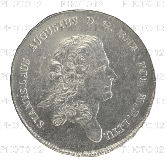 Crown thaler by Efraim Brenn (fl. 1774–1792) for Stanislaw August Poniatowski (King of Poland; 1732–1798), 1775. Obverse: Head of Stanislaw August turned right, around the inscription divided at the bottom: STANISLAUS AUGUSTUS DG REX POL. M D LITU. — pearl border. Reverse: Under a crown, in a wreath entwined with a sash bearing the motto PRO FIDE - LEGE - ET - GREGE, a round five-field coat of arms with the coats of arms of Poland (Orzel), Lithuania (Pogon) and the Poniatowski coat of arms (Ciolek); below on the sash the Order of the White Eagle; on the sides the letters E. - B.; around the inscription divided twice: X EX MARCA PURA - COLONIEN. 1775. — pearl border; edge inscription DEI - PUBLICAE - GNUS. Coin of the Polish–Lithuanian Commonwealth (1569–1795). Coin diameter ~40.3–41.5 mm, weight 28.02 g.