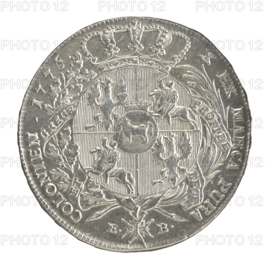 Crown thaler, Brenn, Efraim (fl. 1774–1792); Stanislaw August Poniatowski (King of Poland; 1732–1798) — Polish crown coin, 1775. Obverse: Head of Stanislaw August turned right, around the inscription divided at the bottom: STANISLAUS AUGUSTUS D G REX POL. M D LITU. — pearl border. Reverse: Under a crown, in a wreath entwined with a sash bearing the motto PRO FIDE - LEGE - ET - GREGE, a round five-field coat of arms with the coats of arms of Poland (Orzel), Lithuania (Pogon) and the Poniatowski coat of arms (Ciolek); below on the sash the Order of the White Eagle; on the sides the letters E. - B.; around the inscription divided twice: X EX MARCA PURA - COLONIEN. 1775. — pearl border; edge inscription: DEI - PUBLICAE - GNUS - 1775. Polish–Lithuanian Commonwealth (1569–1795), Warsaw, Poland. Coin: diameter 40.3–41.5 mm, weight 28.02 g.