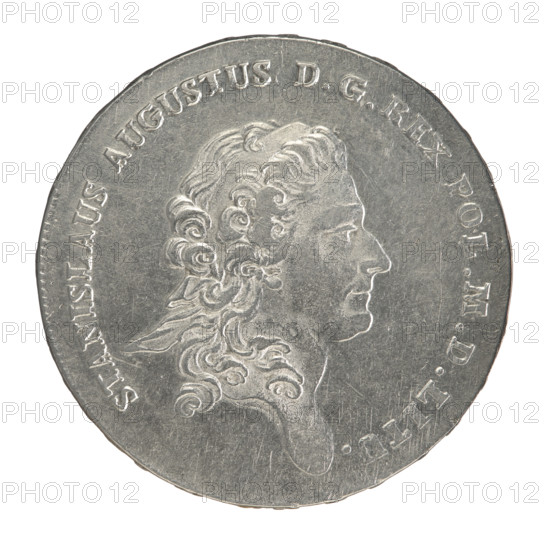 Crown thaler, Stanislaw August Poniatowski (King of Poland; 1764–1795), Brenn, Efraim (fl. 1774–1792). Obv.: Head of Stanislaw August turned right, around the inscription divided at the bottom: STANISLAUS AUGUSTUS DG REX POL. M. D. LITU. — pearl border. Rev.: Under a crown, in a wreath entwined with a sash with the motto PRO FIDE - LEGE - ET - GREGE, a round five-field coat of arms with the coats of arms of Poland (Orzel), Lithuania (Pogon) and the Poniatowski coat of arms (Ciolek); below on the sash the Order of the White Eagle; on the sides the letters . - B.; around a twice-divided inscription: X EX MARCA PURA - LONIEN. 1776. — pearl border. Inscription on the edge: FIDEI - PUBLICAE - PIGNUS - 1776. Polish–Lithuanian Commonwealth (1569–1795), Warsaw, Poland. Coin: diameter 40.0–40.2 mm; weight 28.02 g.