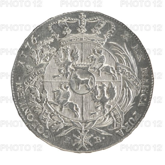 Crown thaler, Stanislaw August Poniatowski (King of Poland; 1764–1795), Brenn, Efraim (fl. 1774–1792), Polish coin. Obv.: Head of Stanislaw August turned right, around the inscription divided at the bottom: STANISLAUS AUGUSTUS DG REX POL. M D LITU. — pearl border. Reverse: Under the crown, in a wreath entwined with a sash with the motto PRO FIDE - LEGE - ET - GREGE, a round five-field coat of arms with the coats of arms of Poland (Orzel), Lithuania (Pogon) and the Poniatowski coat of arms (Ciolek); below on the sash the Order of the White Eagle; on the sides the letters . - B.; around a twice-divided inscription: X EX MARCA PURA - LONIEN. 1776. — pearl border. Inscription on the edge: FIDEI - PUBLICAE - PIGNUS - 1776. Polish–Lithuanian Commonwealth (1569–1795), Warsaw, Poland. Coin: diameter 40.0–40.2 mm, weight 28.02 g.