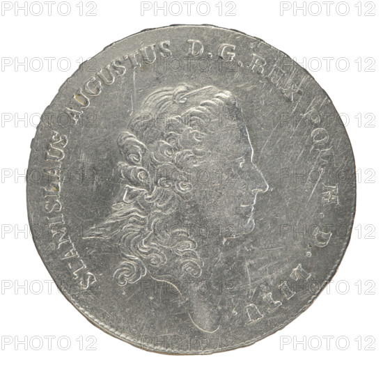 Crown thaler, Brenn, Efraim (fl. 1774–1792); Stanislaw August Poniatowski (King of Poland; 1732–1798) — obverse: head of Stanislaw August turned right, around inscription divided at the bottom: STANISLAUS AUGUSTUS D G REX, .MDLITU. — pearl border. Reverse: under a crown, in a wreath entwined with a sash bearing the motto PRO FIDE - LEGE - ET - GREGE, a round five-field coat of arms with the coats of arms of Poland (Orzel), Lithuania (Pogon) and the Poniatowski coat of arms (Ciolek); below on the sash the Order of the White Eagle; on the sides the letters E. - B., around the inscription divided twice: X EX MARCA PURA - COLONIEN. 1776. — pearl border. Inscription on the edge: FIDEI - PUBLIC, E- PIGNUS- , 1776. Polish-Lithuanian Commonwealth (1569–1795), Warsaw, Poland. Coin; diameter 40.0–40.3 mm; weight 28.12 g.