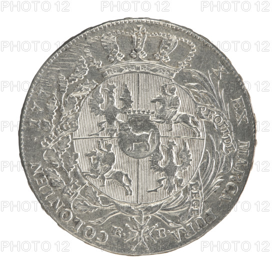 Crown thaler by Efraim Brenn (fl. 1774–1792) depicting Stanislaw August Poniatowski (King of Poland; 1732–1798). Obverse: Head of Stanislaw August turned right, around inscription divided at the bottom: STANISLAUS AUGUSTUS D G REX, ·MDLITU· — pearl border. Reverse: Under a crown, in a wreath entwined with a sash bearing the motto PRO FIDE · LEGE · ET · GREGE, a round five-field coat of arms with the coats of arms of Poland (Orzel), Lithuania (Pogon) and the Poniatowski coat of arms (Ciolek); below on the sash the Order of the White Eagle; on the sides the letters E · B; around inscription divided twice: X EX MARCA PURA · COLONIEN · 1776 · — pearl border. Inscription on edge: FIDEI · PUBLIC · E · PIGNUS · 1776. Polish–Lithuanian Commonwealth (1569–1795), Warsaw, Poland. Coin: diameter 40.0–40.3 mm; weight 28.12 g.