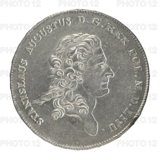 Crown thaler, Brenn, Efraim (fl. 1774-1792); Stanislaw August Poniatowski (King of Poland; 1732–1798). Obverse: Head of Stanislaw August turned to the right, around the inscription divided at the bottom: STANISLAUS AUGUSTUS DGREX POL.M., .LI, U. — pearl border. Reverse: Under a crown, in a wreath entwined with a sash with the motto PRO FIDE - LEG, - ET - GREGE, a round five-field coat of arms with the coats of arms of Poland (Orzel), Lithuania (Pogon) and the Poniatowski coat of arms (Ciolek); on the sash the Order of the White Eagle; on the sides the letters E. - B.; around the inscription divided twice: X EX MARCA PURA - COLONIEN. 1776. — pearl border. Inscription on the edge: FID, -, BLIC, - PIGNUS. Date: 1776. Place: Warsaw, Polish–Lithuanian Commonwealth (1569–1795). Material/format: coin (crown thaler). Diameter: 40.4–40.8 mm. Weight: 28.06 g.