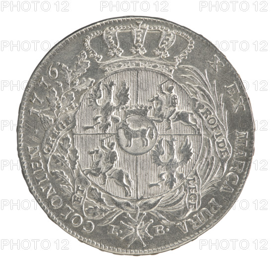 Crown thaler by Efraim Brenn (fl. 1774–1792), 1776. Obverse: Head of Stanislaw August Poniatowski turned to the right, around inscription divided at the bottom: STANISLAUS AUGUSTUS DGREX POL.M., .LI, U. — pearl border. Reverse: Under a crown, in a wreath entwined with a sash bearing the motto PRO FIDE - LEG, - ET - GREGE, a round five-field coat of arms with the coats of arms of Poland (Orzel), Lithuania (Pogon) and the Poniatowski coat of arms (Ciolek); below on the sash the Order of the White Eagle; on the sides the letters E. - B.; around the inscription divided twice: X EX MARCA PURA - COLONIEN. 1776. — pearl border. Inscription on the edge: FID, -, BLIC, - PIGNUS. Polish-Lithuanian Commonwealth (1569–1795), Warsaw, Poland. Coin; diameters 40.4 mm and 40.8 mm; weight 28.06 g.