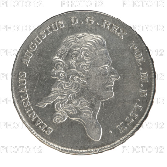 Crown thaler by Brenn, Efraim (fl. 1774–1792) for Stanislaw August Poniatowski (King of Poland; 1732–1798). Obverse: Head of Stanislaw August turned right, around the inscription divided at the bottom: STANISLAUS AUGUSTUS DGREX POL.MDLITH. — pearl border. Reverse: Under a crown, in a wreath entwined with a sash with the motto RO, IDE - LEGE - ET - GREG, a round five-field coat of arms with the coats of arms of Poland (Orzel), Lithuania (Pogon) and the Poniatowski coat of arms (Ciolek); below on the sash the Order of the White Eagle, on the sides the letters E. - B., around the inscription divided twice: X EX MARCA PURA - COLONIEN. 1777. — pearl border. Inscription on the edge: FIDEI - PUBLIC, E- PIGNUS- , 1777. Polish–Lithuanian Commonwealth (1569–1795), Warsaw, Poland. Coin; diameter 40.3–40.5 mm; weight 28.04 g.