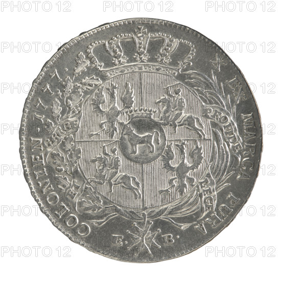 Crown thaler by Brenn, Efraim (fl. 1774–1792) depicting Stanislaw August Poniatowski (King of Poland; 1732–1798). Obverse: Head of Stanislaw August turned right, around the inscription divided at the bottom: STANISLAUS AUGUSTUS DG REX POL. M. D. LITH. — pearl border. Reverse: Under a crown, in a wreath entwined with a sash with the motto ROIDE — LEGE — ET — GREGE, a round five-field coat of arms with the coats of arms of Poland (Orzel), Lithuania (Pogon) and the Poniatowski coat of arms (Ciolek); below on the sash the Order of the White Eagle; on the sides the letters E. — B.; around the inscription divided twice: X EX MARCA PURA — COLONIEN. 1777. — pearl border. Inscription on the edge: FIDEI — PUBLICE — PIGNUS. Date: 1777. Place: Warsaw, Polish–Lithuanian Commonwealth (1569–1795). Coin. Diameter ~40.3–40.5 mm; weight 28.04 g.