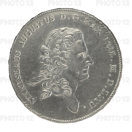 Crown thaler by Brenn, Efraim (fl. 1774-1792) depicting Stanislaw August Poniatowski (King of Poland; 1732-1798). Obverse: head of Stanislaw August turned right, around inscription divided at the bottom: STANISLAUS AUGUSTUS DG, EX POL.MDLITU. — pearl border. Reverse: under a crown, in a wreath entwined with a sash with the motto PRO FIDE - LEGE - ET - GREG, a round five-field coat of arms with the coats of arms of Poland (Orzel), Lithuania (Pogon) and the Poniatowski coat of arms (Ciolek); below on the sash the Order of the White Eagle, flanked by the letters E. - B., around the inscription divided twice: X EX MARCA PURA - COLONIEN. 1778. — pearl border. Inscription on the edge: FIDEI - PUBLICA, - PIGNUS-. Dated 1778. Polish–Lithuanian Commonwealth (1569–1795), struck in Warsaw, Poland. Coin; diameters 40.0–40.5 mm, weight 28.03 g.