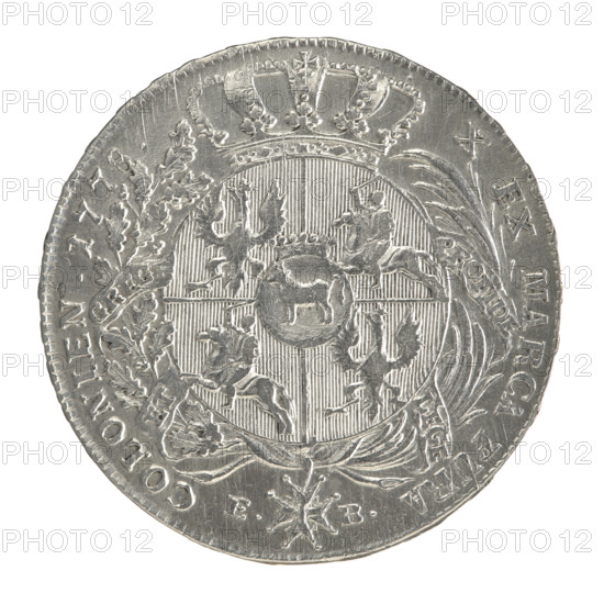 Crown thaler by Efraim Brenn (fl. 1774–1792) depicting Stanislaw August Poniatowski (King of Poland; 1732–1798). Obverse: Head of Stanislaw August turned right, around the inscription divided at the bottom: 'STANISLAUS AUGUSTUS DG, EX POL.MDLITU.' — pearl border. Reverse: Under a crown, within a wreath entwined with a sash bearing the motto 'PRO FIDE - LEGE - ET - GREG', a round five-field coat of arms with the coats of arms of Poland (Orzel), Lithuania (Pogon), and the Poniatowski coat of arms (Ciolek); below on the sash the Order of the White Eagle; on the sides the letters 'E. - B.'; around the inscription divided twice: 'X EX MARCA PURA - COLONIEN. 1778.' — pearl border. Edge inscription: 'FIDEI - PUBLICA, - PIGNUS.' Dated 1778. Polish–Lithuanian Commonwealth (1569–1795), Warsaw, Poland. Coin (crown thaler): diameter ~40.0–40.5 mm; weight 28.03 g.