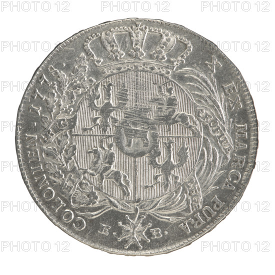 Crown thaler by Brenn, Efraim (fl. 1774–1792), 1778. Obverse: Head of Stanislaw August Poniatowski turned right, around the inscription divided at the bottom: STANISLAUS AUGUSTUS DG REX POL. M. D. LITH. — pearl border. Reverse: Under a crown, in a wreath entwined with a sash with the motto PRO FIDE - LEGE - ET - GREG, a round five-field coat of arms with the coats of arms of Poland (Orzel), Lithuania (Pogon) and the Poniatowski coat of arms (Ciolek); below on the sash the Order of the White Eagle, letters E. - B. on the sides, around the inscription divided twice: X EX MARCA PURA - COLONIEN. 1778. — pearl border. Inscription on the edge: FIDEI - PUBLICAE - PIGNUS. Coin of the Polish–Lithuanian Commonwealth (1569–1795), Warsaw; silver crown thaler; diameter ca. 40–41 mm; weight 28.03 g.