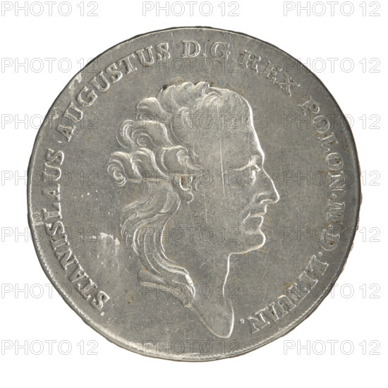 Crown thaler, Stanislaw August Poniatowski (King of Poland; 1764–1795), Brenn, Efraim (fl. 1774–1792); Polish crown coin. Obv.: Head of Stanislaw August turned right, around the inscription divided at the bottom: STANISLAUS AUGUSTUS D G REX POLON. M D LITUAN. — pearl border. Rev.: Under a crown, in a wreath entwined with a sash with the motto PRO FIDE — LEGE — ET — GREGE, a round five-field coat of arms with the coats of arms of Poland (Orzel), Lithuania (Pogon) and the Poniatowski coat of arms (Ciolek); below on the sash the Order of the White Eagle; on the sides the letters E. — B.; around the inscription divided twice: X EX MARCA PURA — COLONIEN. 1784. — pearl border. Inscription on the edge: FIDEI — PUBLIC, E — PIGNU. Date: 1784. Place: Warsaw, Polish–Lithuanian Commonwealth (1569–1795). Medium: silver coin. Diameter: ~40.0–40.5 mm. Weight: 27.96 g.