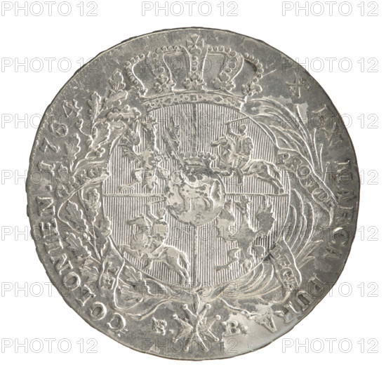 Crown thaler, Stanislaw August Poniatowski (King of Poland; 1764–1795), Brenn, Efraim (fl. 1774–1792). Obverse: Head of Stanislaw August turned right, around the inscription divided at the bottom: STANISLAUS AUGUSTUS DG REX POLON. MDLITUAN. — pearl border. Reverse: Under the crown, in a wreath entwined with a sash with the motto PRO FIDE - LEGE - ET - GREGE, a round five-field coat of arms with the coats of arms of Poland (Orzel), Lithuania (Pogon) and the Poniatowski coat of arms (Ciolek); below on the sash the Order of the White Eagle; on the sides the letters E. - B.; around the inscription divided twice: X EX MARCA PURA - COLONIEN. 1784. — pearl border. Inscription on the edge: FIDEI - PUBLIC, E- PIGNU. 1784. Polish–Lithuanian Commonwealth (1569–1795), Warsaw, Poland. Coin: diameter 40.0–40.5 mm; weight 27.96 g.