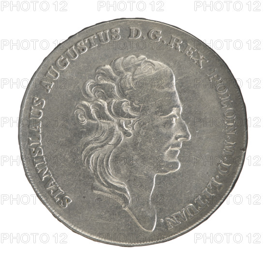 Crown thaler, Brenn, Efraim (fl. 1774–1792); Stanislaw August Poniatowski (King of Poland; 1732–1798) — obverse: head of Stanislaw August turned right, around the inscription divided at the bottom: STANISLAUS AUGUSTUS DG REX POLON. MDLITUAN.; pearl border. Reverse: under a crown, in a wreath entwined with a sash with the motto PRO FIDE - LEGE - ET - GREGE, a round five-field coat of arms with the coats of arms of Poland (Orzel), Lithuania (Pogon) and the Poniatowski coat of arms (Ciolek); below on the sash the Order of the White Eagle; on the sides the letters E. - B.; around the inscription divided twice: X EX MARCA PURA - COLONIEN. 1784.; pearl border. Inscription on the edge: FI, - PUBLICAE- PIGNU, -  . 1784. Polish–Lithuanian Commonwealth (1569–1795), Warsaw, Poland. Coin; diameter 40.0–40.2 mm; weight 27.98 g.