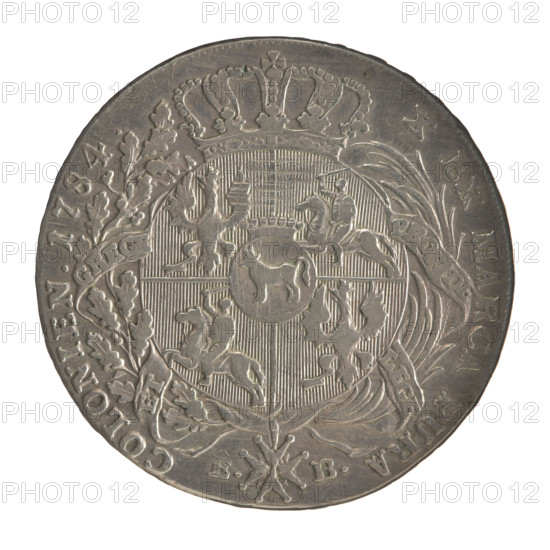 Crown thaler by Efraim Brenn (fl. 1774–1792), 1784. Obverse: Head of Stanislaw August Poniatowski turned right, around the inscription divided at the bottom: STANISLAUS AUGUSTUS DGREX POLON.MDLITUAN., pearl border. Reverse: Under a crown, in a wreath entwined with a sash with the motto PRO FIDE - LEGE - ET - GREGE, a round five-field coat of arms with the coats of arms of Poland (Orzel), Lithuania (Pogon) and the Poniatowski coat of arms (Ciolek); below on the sash the Order of the White Eagle; on the sides the letters E. - B.; around the inscription divided twice: X EX MARCA PURA - COLONIEN. 1784., pearl border. Edge inscription: FIDEI - PUBLIC, E- PIGNUS-  . Polish–Lithuanian Commonwealth (1569–1795). Coin diameter 39.8–40.2 mm, weight 28.01 g.