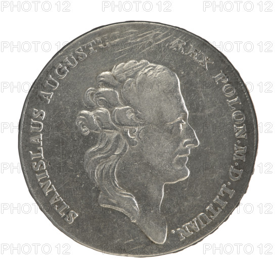 Crown thaler, Brenn, Efraim (fl. 1774–1792). Stanislaw August Poniatowski (King of Poland; 1732–1798) — obverse: head of Stanislaw August turned right, around the inscription divided at the bottom: STANISLAUS AUGUSTU, EX POLON.MDLITUAN.; pearl border. Reverse: under a crown, in a wreath entwined with a sash with the motto PRO FIDE - LEGE - ET - GREGE, a round five-field coat of arms with the coats of arms of Poland (Orzel), Lithuania (Pogon) and the Poniatowski coat of arms (Ciolek); below on the sash the Order of the White Eagle; on the sides the letters E. - B.; around the inscription divided twice: EX MARCA PURA - COLONIEN. 1784.; pearl border. Inscription on the edge: FIDEI - PUBLIC, E- PIGNU. Dated 1784. Polish–Lithuanian Commonwealth (1569–1795), Warsaw, Poland. Coin; diameter 39.4 mm / 40.3 mm; weight 27.97 g.