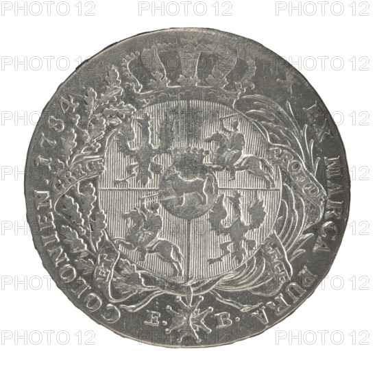 Crown thaler, Brenn, Efraim (fl. 1774–1792), Stanislaw August Poniatowski (King of Poland; 1732–1798). Polish Crown coin, dated 1784. Obverse: Head of Stanislaw August turned right, around the inscription divided at the bottom: STANISLAUS AUGUSTU, EX POLON. MDLITUAN. — pearl border. Reverse: Under a crown, in a wreath entwined with a sash with the motto PRO FIDE - LEGE - ET - GREGE, a round five-field coat of arms with the coats of arms of Poland (Orzel), Lithuania (Pogon) and the Poniatowski coat of arms (Ciolek); below on the sash the Order of the White Eagle; on the sides the letters E. - B.; around the inscription divided twice: EX MARCA PURA - COLONIEN. 1784. — pearl border. Inscription on the edge: FIDEI - PUBLIC, E- PIGNU. Polish–Lithuanian Commonwealth (1569–1795), Warsaw, Poland. Coin: diameter 39.4–40.3 mm; weight 27.97 g.