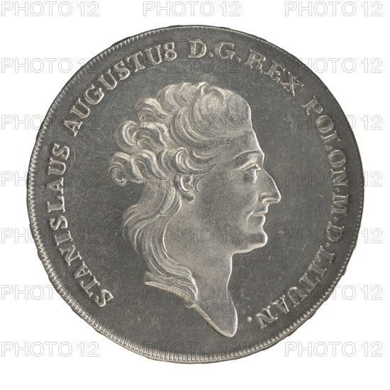 Crown thaler by Efraim Brenn (fl. 1774–1792), 1785. Obverse: Head of Stanislaw August Poniatowski turned right, around inscription divided at bottom: STANISLAUS AUGUSTUS DG REX POLON. M. D. LITUAN. — pearl border. Reverse: Under a crown, within a wreath entwined with a sash bearing the motto PRO FIDE - LEGE - ET - GREGE, a round five-field coat of arms showing Poland (Orzel), Lithuania (Pogon) and the Poniatowski coat of arms (Ciolek); the sash bears the Order of the White Eagle; letters E. - B. at sides; around inscription divided twice: X EX MARCA PURA - COLONIEN. 1785. — pearl border. Edge inscription: FIDEI- PUBLICAE- PIGNUS. Polish–Lithuanian Commonwealth (1569–1795). Coin diameter 40.0–40.4 mm, weight 28.08 g.