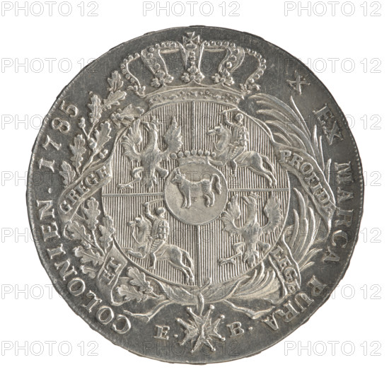 Crown thaler, Brenn, Efraim (fl. 1774-1792); Stanislaw August Poniatowski (King of Poland; 1732–1798). Polish coin (Crown coin), 1785. Obverse: Head of Stanislaw August turned right, around the inscription divided at the bottom: STANISLAUS AUGUSTUS DGREX POLON.MDLITUAN.; pearl border. Reverse: Under a crown, in a wreath entwined with a sash bearing the motto PRO FIDE - LEGE - ET - GREGE, a round five-field coat of arms with the coats of arms of Poland (Orzel), Lithuania (Pogon) and the Poniatowski coat of arms (Ciolek); below on the sash the Order of the White Eagle; on the sides the letters E. - B.; around the inscription divided twice: X EX MARCA PURA - COLONIEN. 1785.; pearl border. Inscription on the edge: FIDEI- PUBLICAE- PIGNUS. Minted in Warsaw, Polish–Lithuanian Commonwealth (1569–1795). Coin diameter ~40.0–40.4 mm; weight 28.08 g.