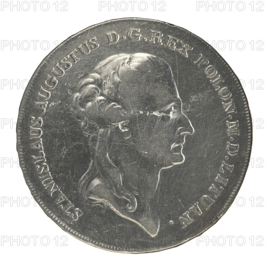 Crown thaler, Brenn, Efraim (fl. 1774–1792); Stanislaw August Poniatowski (King of Poland; 1732–1798). Polish-Lithuanian Commonwealth, 1788. Silver coin (thaler), diameter ca. 40.5–40.9 mm, weight 27.37 g. Obverse: Head of Stanislaw August turned right, around the inscription divided at the bottom: STANISLAUS AUGUSTUS D G REX POLON. MD LITUAN. — pearl border. Reverse: Under a crown, decorated with an oak and laurel branch, a five-field coat of arms with the coats of arms of Poland (Orzel), Lithuania (Pogon) and the Poniatowski coat of arms (Ciolek); on the sash the Order of the White Eagle; letters E. — B. on the sides; around the inscription divided twice: 10 7/16 EX MARCA PURA — 1788 — pearl border. Edge inscription: FIDEI • PUBLIC • E • PIGNUS • 1788. Style/iconography: portrait of ruler, multi-field coats of arms, coats of arms under a crown, Order of the White Eagle. Function: crown coin.