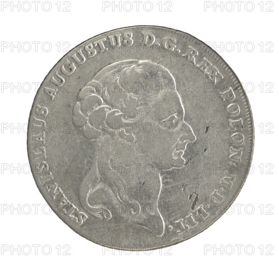 Crown thaler, Stanislaw August Poniatowski (King of Poland; 1764–1795). Obv.: Head of Stanislaw August turned to the right, around the inscription divided at the bottom: STANISLAUS AUGUSTUS DG REX POLON: MDLIT. — pearl border. Rev.: Under a crown, decorated with an oak and laurel branch, a five-field coat of arms with the coats of arms of Poland (Orzel), Lithuania (Pogon) and the Poniatowski coat of arms (Ciolek); on the sash the Order of the White Eagle; denomination at sides: 6. — ZL.; around the inscription divided twice: 14 1/12 EX MARCA PUR: — COLONIENS: 1794. — pearl border; diagonally fluted edge. 1794, Polish–Lithuanian Commonwealth (1569–1795), Warsaw, Poland. Coin: dia. 37.8–38.5 mm, weight 23.86 g.