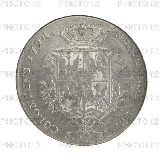 Crown thaler, Stanislaw August Poniatowski (King of Poland; 1732–1798). Obverse: Head of Stanislaw August turned to the right, around the inscription divided at the bottom: STANISLAUS AUGUSTUS D G REX POLON: MD LIT. — pearl border. Reverse: Under the crown, decorated with an oak and laurel branch, a five-field coat of arms with the coats of arms of Poland (Orzel), Lithuania (Pogon) and the Poniatowski coat of arms (Ciolek); below on the sash the Order of the White Eagle; on the sides: 6. — ZL.; around the inscription divided twice: 14 1/12 EX MARCA PUR: — COLONIENS: 1794. — pearl border; diagonally fluted edge. 1794, Polish–Lithuanian Commonwealth (1569–1795), Warsaw, Poland. Coin; dia. 37.8–38.5 mm, weight 23.86 g.
