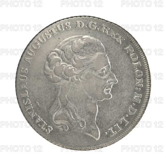 Crown thaler, Stanislaw August Poniatowski (King of Poland; 1764–1795). Obverse: Head of Stanislaw August turned right, around the inscription divided at the bottom: STANISLAUS AUGUSTUS DGREX POLON:MDLIT. — pearl border. Reverse: Under the crown, decorated with an oak and laurel branch, a five-field coat of arms with the coats of arms of Poland (Orzel), Lithuania (Pogon) and the Poniatowski coat of arms (Ciolek); below on the sash the Order of the White Eagle; on the sides: 6. — ZL.; around the inscription divided twice: 14 1/12 EX MARCA PUR: — 1794. — pearl border; diagonally fluted edge. 1794, Polish–Lithuanian Commonwealth (1569–1795), Warsaw, Poland. Coin: diameter 38.3–38.5 mm, weight 23.88 g.