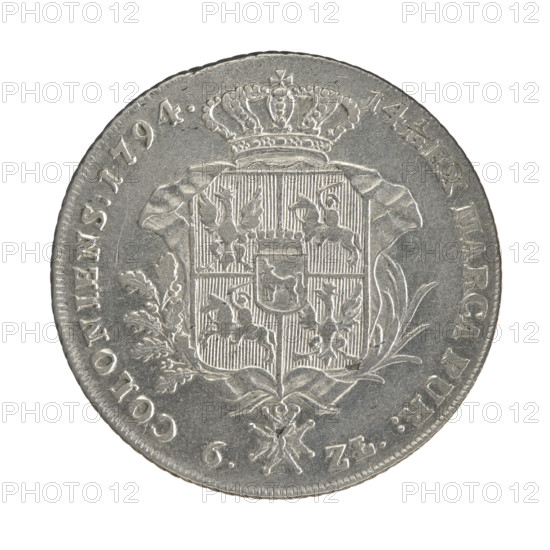 Crown thaler, Stanislaw August Poniatowski (King of Poland; 1732–1798). Obverse: Head of Stanislaw August turned right, around the inscription divided at the bottom: STANISLAUS AUGUSTUS D G REX POLON: MDLIT. — pearl border. Reverse: Under the crown, decorated with an oak and laurel branch, a five-field coat of arms with the coats of arms of Poland (Orzel), Lithuania (Pogon) and the Poniatowski coat of arms (Ciolek); below on the sash the Order of the White Eagle; on the sides: 6. — ZL.; around the inscription divided twice: 14 1/12 EX MARCA PUR: — COLONIENS: 1794. — pearl border; diagonally fluted edge. 1794, Polish–Lithuanian Commonwealth (1569–1795), Warsaw, Poland. Coin; diameter 38.3–38.5 mm, weight 23.88 g.