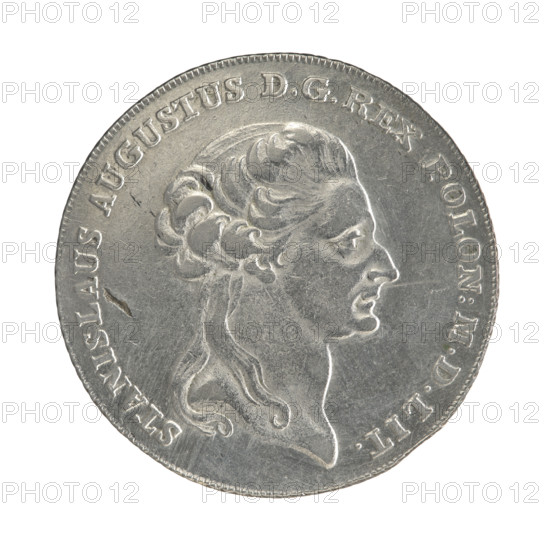 Crown thaler, Stanislaw August Poniatowski (King of Poland; 1732–1798). Obverse: Head of Stanislaw August turned right, around the inscription divided at the bottom: STANISLAUS AUGUSTUS DG REX POLON: MDLIT. — pearl border. Reverse: Under the crown, decorated with an oak and laurel branch, a five-field coat of arms with the coats of arms of Poland (Orzel), Lithuania (Pogon) and the Poniatowski coat of arms (Ciolek); below on the sash the Order of the White Eagle; on the sides: 6. — ZL.; around the inscription divided twice: 14 1/12 EX MARCA PUR: — COLONIENS: 1794. — pearl border; diagonally fluted edge. 1794, Polish–Lithuanian Commonwealth (1569–1795), Warsaw, Poland; coin; diameter 37.8–38.2 mm; weight 24.16 g.