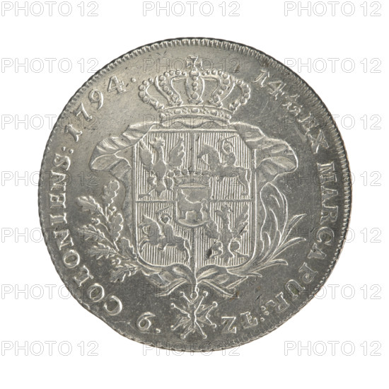 Crown thaler, Stanislaw August Poniatowski (King of Poland; 1732–1798). Obverse: Head of Stanislaw August turned right, around the inscription divided at the bottom: STANISLAUS AUGUSTUS DG REX POLON: MDLIT. — pearl border. Reverse: Under a crown, decorated with an oak and laurel branch, a five-field coat of arms with the coats of arms of Poland (Orzel), Lithuania (Pogon) and the Poniatowski coat of arms (Ciolek); below on the sash the Order of the White Eagle; on the sides: 6. — ZL., around the inscription divided twice: 14 1/12 EX MARCA PUR: — 1794. — pearl border; diagonally fluted edge. 1794, Polish–Lithuanian Commonwealth (1569–1795), Warsaw, Poland. Coin. Diameter 37.8–38.2 mm, weight 24.16 g.