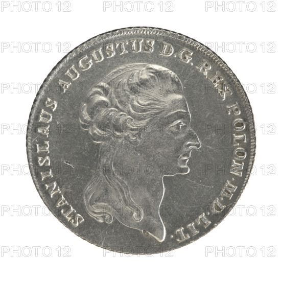Crown thaler of Stanislaw August Poniatowski (King of Poland; 1764–1795). Obverse: head of Stanislaw August turned to the right, around the inscription divided at the bottom: 'STANISLAUS AUGUSTUS D G REX POLON: MDLIT.' — pearl border. Reverse: under a crown, decorated with oak and laurel branches, a five-field coat of arms with the coats of arms of Poland (Orzel), Lithuania (Pogon) and the Poniatowski family coat of arms (Ciolek); below on the sash the Order of the White Eagle; on the sides: '6. - ZL.', around the inscription divided twice: '14 1/12 EX MA, CA PUR: - COLONIENS: 1794.' — pearl border; diagonally fluted edge. Dated 1794. Polish–Lithuanian Commonwealth (1569–1795), Warsaw, Poland. Coin. Diameter 38.0–38.5 mm; weight 24.24 g.