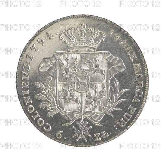 Crown thaler, Stanislaw August Poniatowski (King of Poland; 1732–1798). Obverse: Head of Stanislaw August turned to the right, around the inscription divided at the bottom: STANISLAUS AUGUSTUS D G REX POLON:MDLIT. — pearl border. Reverse: Under a crown, decorated with an oak and laurel branch, a five-field coat of arms with the coats of arms of Poland (Orzel), Lithuania (Pogon) and the Poniatowski family coat of arms (Ciolek); below on the sash the Order of the White Eagle; on the sides: 6. — ZL.; around the inscription divided twice: 14 1/12 EX MA, CA PUR: — COLONIENS: 1794. — pearl border; diagonally fluted edge. 1794, Polish–Lithuanian Commonwealth (1569–1795), Warsaw, Poland. Coin; diameter 38.0–38.5 mm, weight 24.24 g.