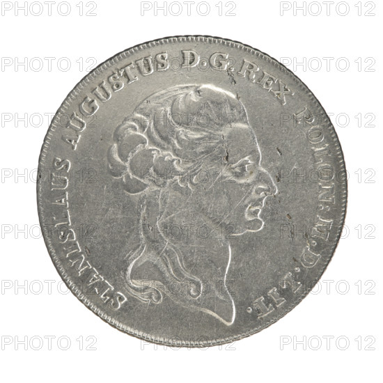 Crown thaler, Stanislaw August Poniatowski (King of Poland; 1732–1798). Obverse: Head of Stanislaw August turned to the right, around the inscription divided at the bottom: 'STANISLAUS AUGUSTUS D G REX POLON:MDLIT.' — pearl border. Reverse: Under a crown, decorated with an oak and laurel branch, a five-field coat of arms with the coats of arms of Poland (Orzel), Lithuania (Pogon) and the Poniatowski coat of arms (Ciolek); below on the sash the Order of the White Eagle; on the sides '6. - ZL.', around the inscription divided twice: '14 1/12 EX MARCA PUR: - COLONIENS: 1794.' — pearl border; diagonally fluted edge. 1794, Polish–Lithuanian Commonwealth (1569–1795), Warsaw, Poland. Coin; diameter 38.2–38.4 mm, weight 24.03 g.