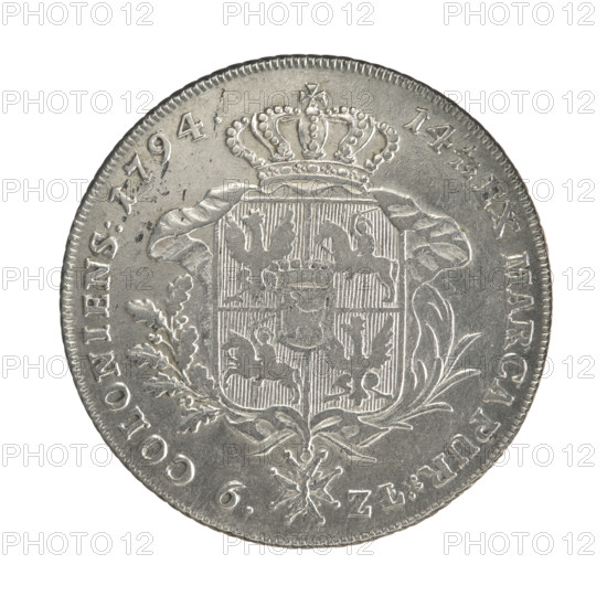 Crown thaler, Stanislaw August Poniatowski (King of Poland; 1732–1798). Obv.: Head of Stanislaw August turned to the right, around the inscription divided at the bottom: STANISLAUS AUGUSTUS D G REX POLON:MDLIT. — pearl border. Reverse: Under the crown, decorated with an oak and laurel branch, a five-field coat of arms with the coats of arms of Poland (Orzel), Lithuania (Pogon) and the Poniatowski coat of arms (Ciolek); below on the sash the Order of the White Eagle; on the sides: 6. — ZL., around the inscription divided twice: 14 1/12 EX MARCA PUR: — COLONIENS: 1794. — pearl border; diagonally fluted edge. 1794. Polish–Lithuanian Commonwealth (1569–1795), Warsaw, Poland. Coin; diameter 38.2–38.4 mm; weight 24.03 g.