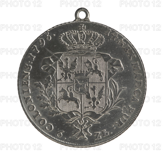 Crown thaler, Stanislaw August Poniatowski (King of Poland; 1732–1798). Coin (with lug), 1795. Obverse: Head of Stanislaw August turned to the right, around a divided inscription at the bottom: STANISLAUS AUGUSTUS D G REX POLON: M D LIT. — pearl border. Reverse: Under a crown, decorated with an oak and laurel branch, a five-field heraldic shield with the coats of arms of Poland (Eagle), Lithuania (Pogon) and the Poniatowski coat of arms (Ciolek); on the sash the Order of the White Eagle; on the sides: 6.- ZL.; around the inscription divided twice: 14 1/12 EX MARCA PUR: — COLONIENS: 1795. — pearl border. Diagonally fluted edge; lug soldered on afterwards. Polish–Lithuanian Commonwealth (1569–1795), Warsaw, Poland. Diameter 37.6 mm (38.0 mm; with lug 41.2 mm). Weight 23.98 g (with lug).